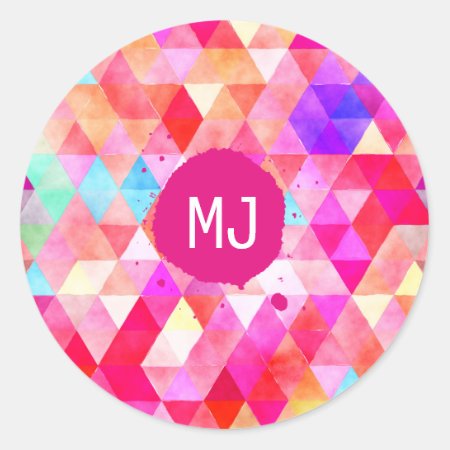 Custom Monogram Colorful Pink Red Triangle  Classic Round Sticker