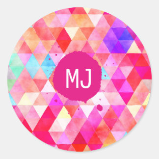 Custom Monogram Colorful Pink Red Triangle Classic Round Sticker