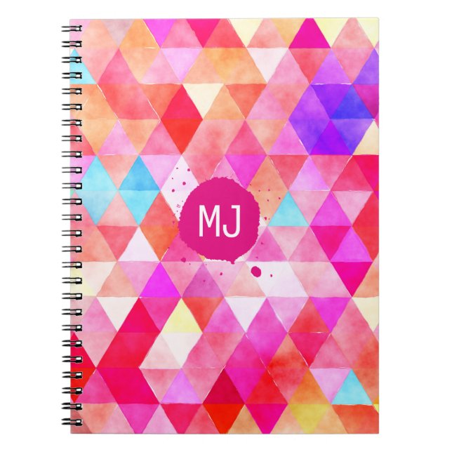 Custom Monogram Colorful Pink Red Triangle Pattern Notebook (Front)