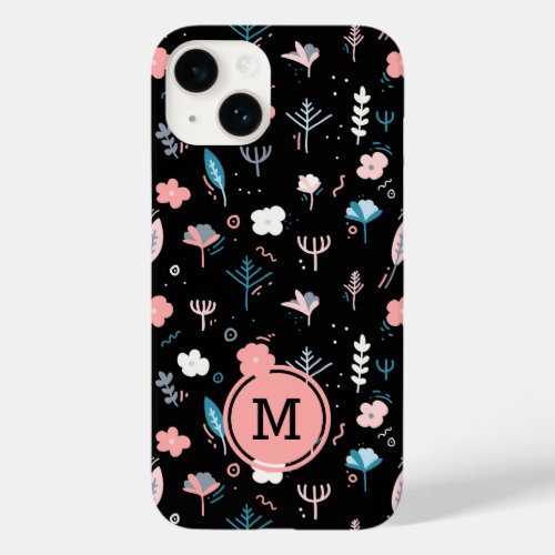 Custom Monogram Cool Modern Floral Pattern Black i Case_Mate iPhone 14 Case