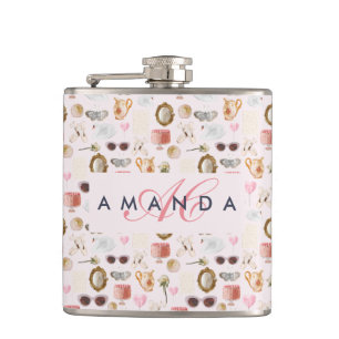 Custom Monogram Coquette Cute Girly Pink Feminine Flask