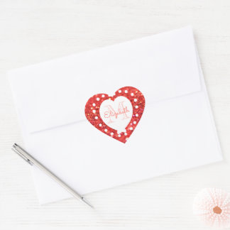 Custom Monogram Coral Glitter Bokeh White Heart Sticker