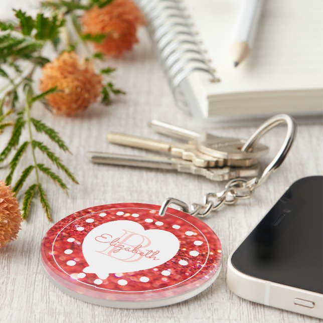 Custom Monogram Coral Glitter White Heart Dots Keychain (Front Right)