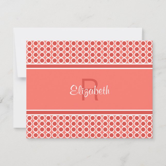 Custom Monogram Coral Red White Geometric Pattern Note Card (Front)