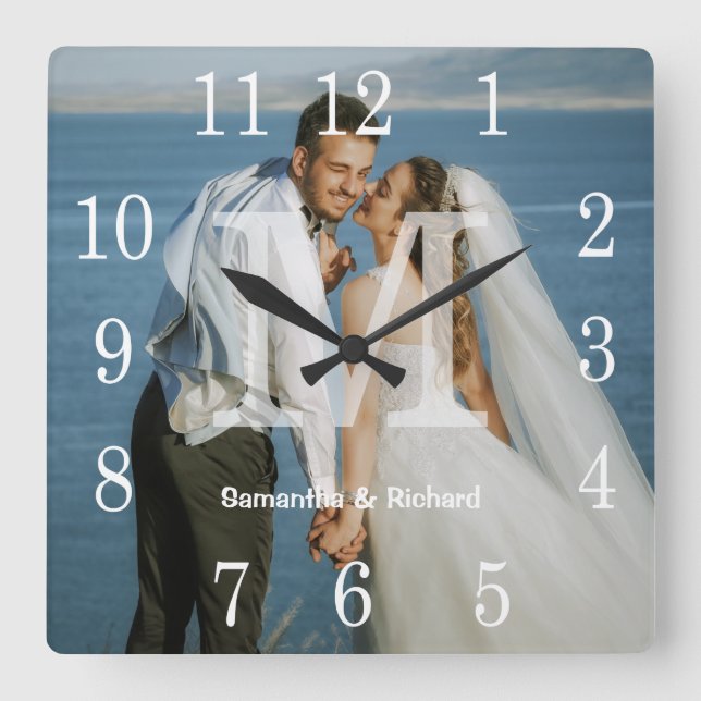 Custom Monogram Couple Names Wedding Photo Square Wall Clock (Front)