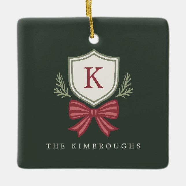 Custom Monogram Crest Bow Christmas Ceramic Ornament (Front)