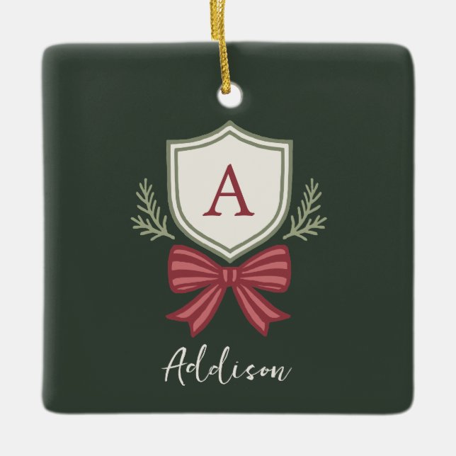 Custom Monogram Crest Bow Christmas Ceramic Ornament (Front)
