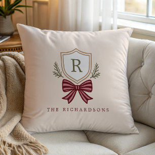 Custom Monogram Crest Bow Christmas Throw Pillow