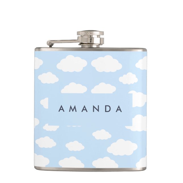 Custom Monogram Cute Girly Blue Cloud Gifts Flask (Front)