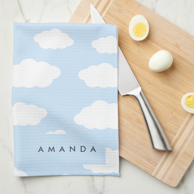 Custom Monogram Cute Girly Blue Cloud Gifts Kitchen Towel (Quarter Fold)