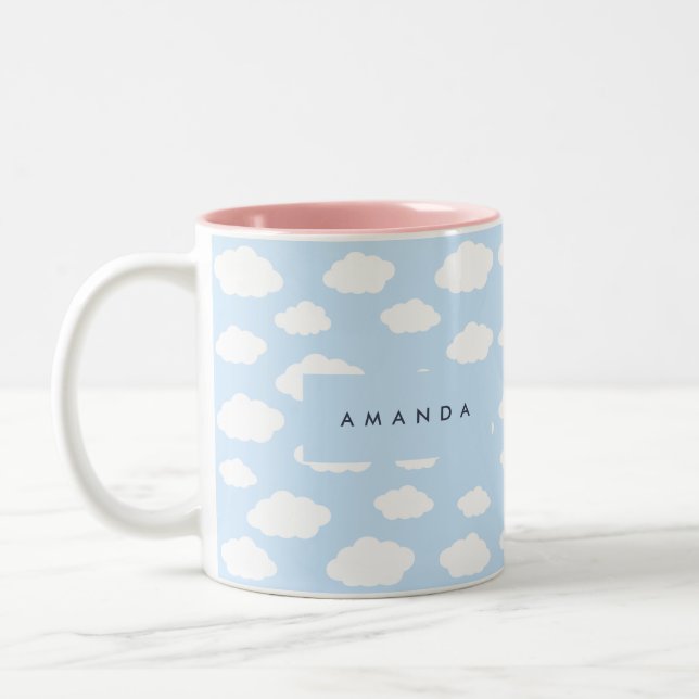 Custom Monogram Cute Girly Blue Cloud Gifts Two-Tone Coffee Mug (Left)