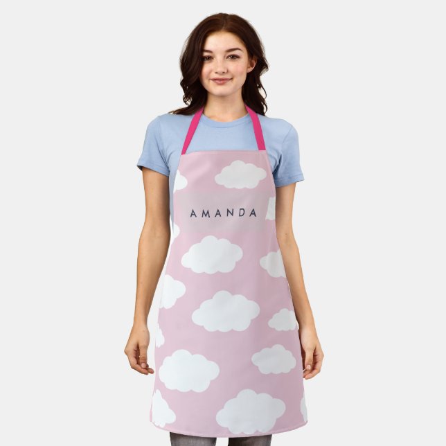 Custom Monogram Cute Girly Pink Cloud Gifts Apron (Worn)