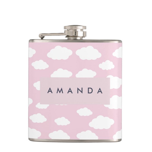 Custom Monogram Cute Girly Pink Cloud Gifts Flask (Front)