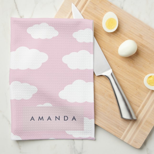 Custom Monogram Cute Girly Pink Cloud Gifts Kitchen Towel (Quarter Fold)