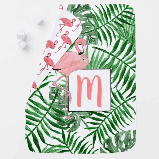Custom Monogram Cute Pink Flamingo Watercolor Art Baby Blanket (In Situ)