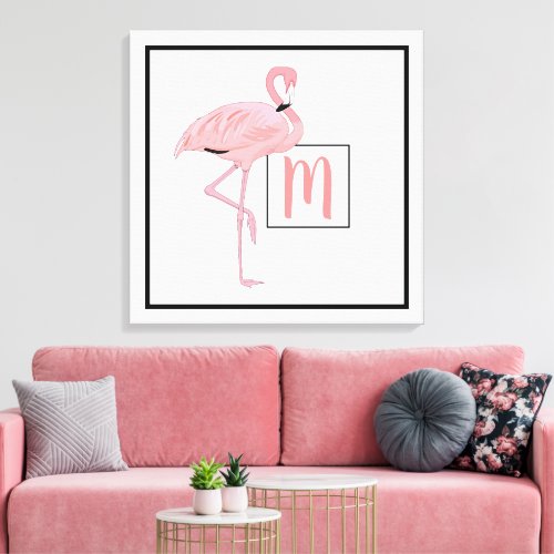 Custom Monogram Cute Pink Flamingo Watercolor Canvas Print