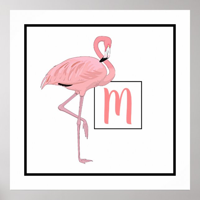 Custom Monogram Cute Pink Flamingo Watercolor Poster (Front)