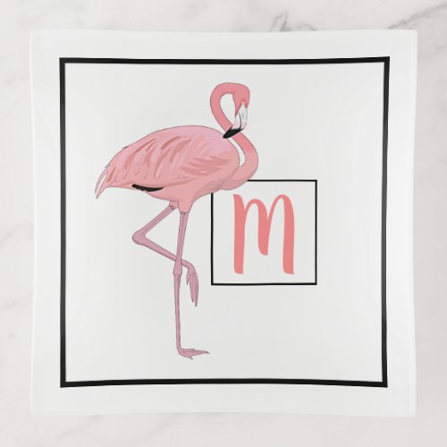 Custom Monogram Cute Pink Flamingo Watercolor Trinket Tray