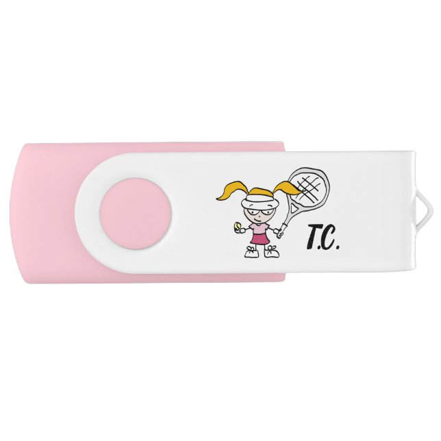 Custom monogram cute pink tennis girl cartoon flash drive (Front)