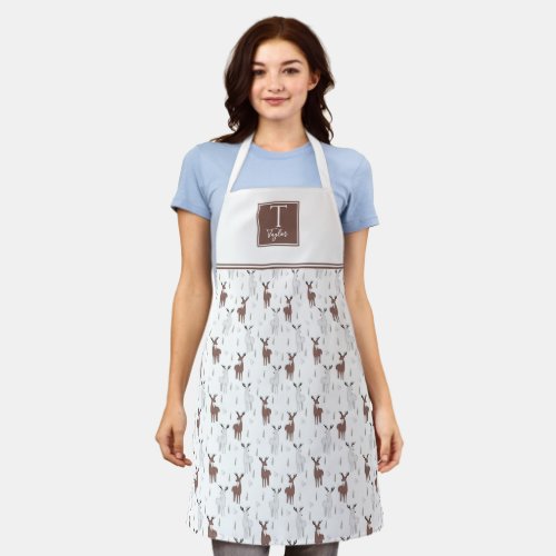 Custom Monogram Cute White and Brown Deer Pattern Apron