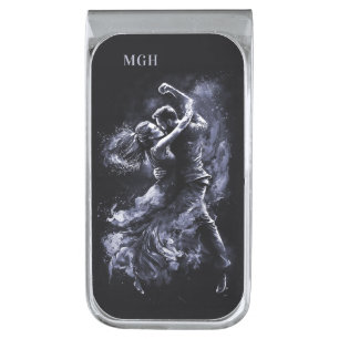 Custom Monogram Dancing Couple Silver Finish Money Clip