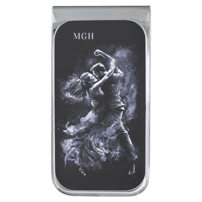 Custom Monogram Dancing Couple Silver Finish Money Clip (Front Vertical)