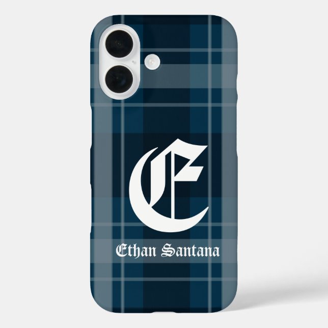 Custom Monogram Dark Blue Plaid Case-Mate iPhone Case (Back)