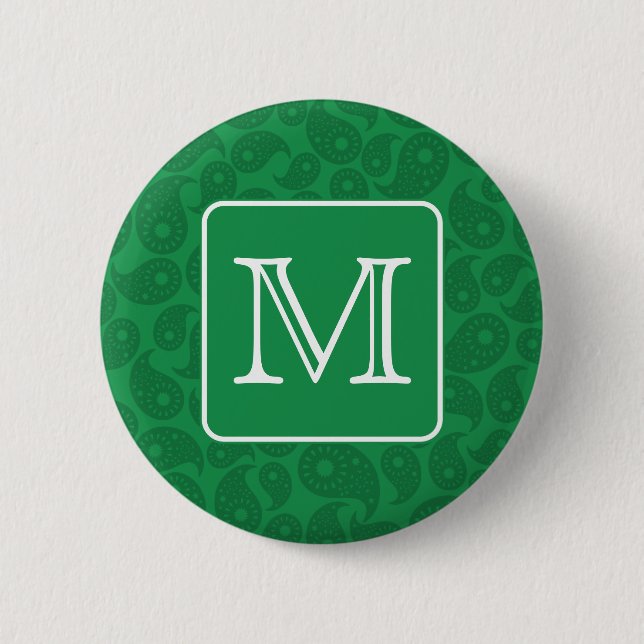 Custom Monogram. Dark Green Paisley Pattern. Pinback Button (Front)