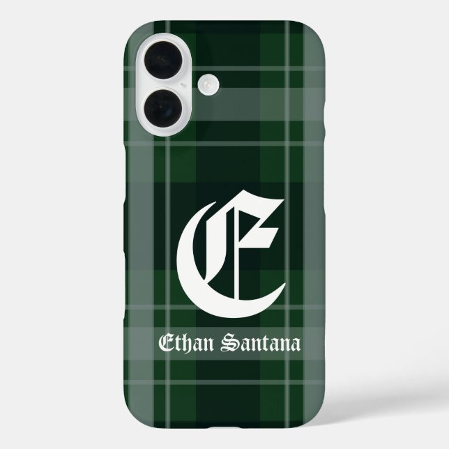 Custom Monogram Dark Green Plaid Case-Mate iPhone Case (Back)