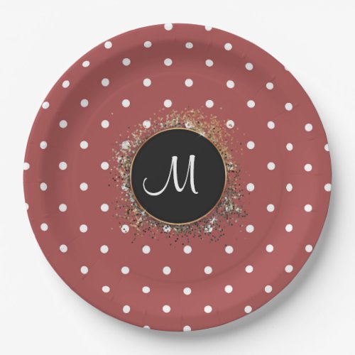 Custom monogram dark red polka dots personalize paper plates