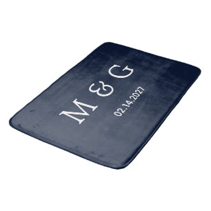 Custom Monogram Date Navy Blue Stylish Bath Mat