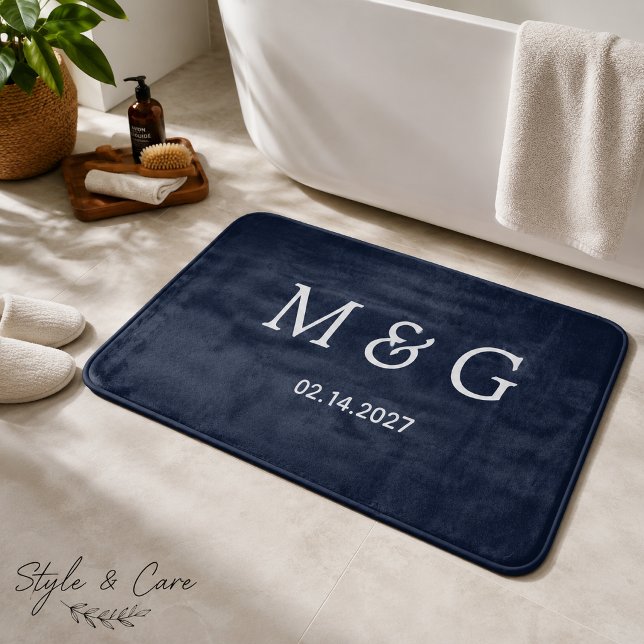 Custom Monogram Date Navy Blue Stylish Bath Mat (Custom Monogram Date Navy Blue Stylish Bath Mat)