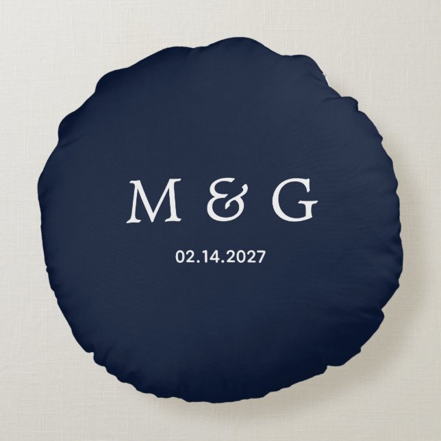 Custom Monogram Date Navy Round Throw Pillow Desig (Back)