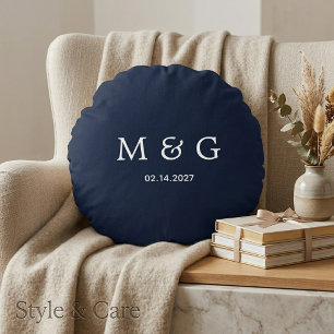 Custom Monogram Date Navy Round Throw Pillow Desig