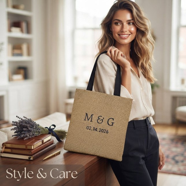 Custom Monogram Date on Natural Jute Pattern Tote Bag (Custom Monogram Date on Natural Jute Pattern Tote Bag)