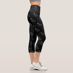 Custom Monogram Date Pattern Modern Black Capri Leggings