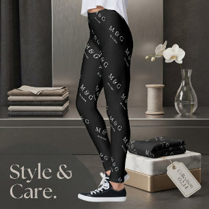 Custom Monogram Date Pattern Modern Black Leggings