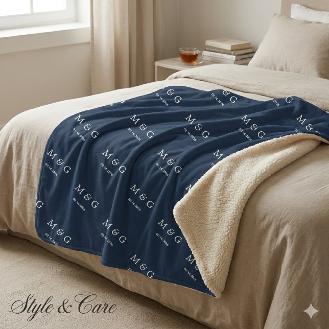 Custom Monogram Date Pattern Stylish Navy Sherpa Blanket (Custom Monogram Date Pattern Stylish Navy Sherpa Blanket)