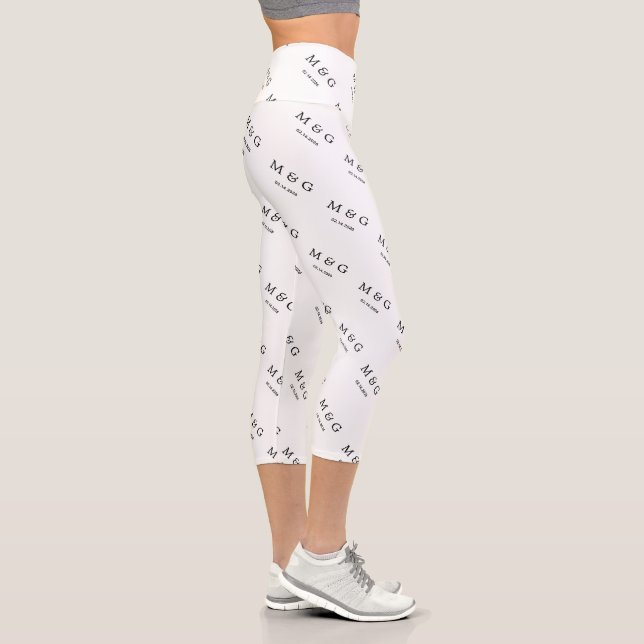 Custom Monogram Date Pattern Stylish White Capri Leggings (Right)