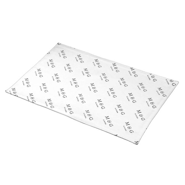 Custom Monogram Date Pattern White Cloth Placemat (On Table)