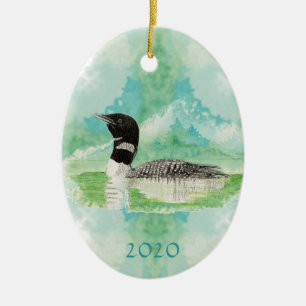 Custom Monogram Dated Watercolor Loon Bird Ceramic Ornament