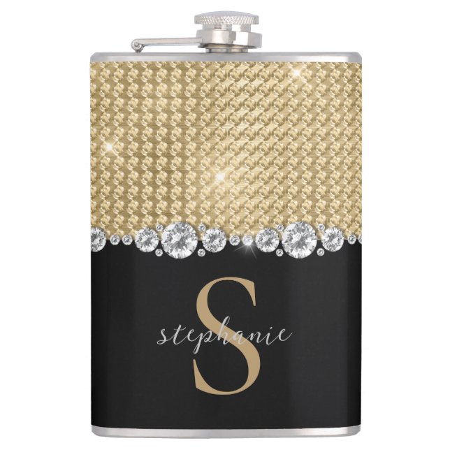 Custom Monogram Diamonds Gold Black Elegant Luxury Flask (Front)