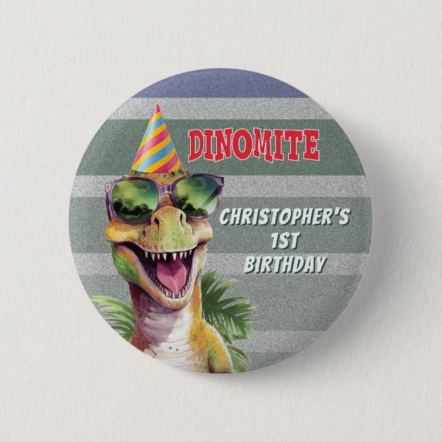 Custom Monogram Dinosaur Dinomite Birthday Party Button (Front)