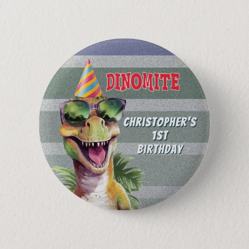 Custom Monogram Dinosaur Dinomite Birthday Party Button