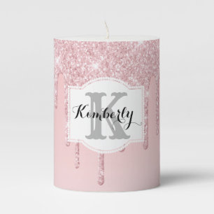 Custom Monogram - Dripping Pink Glitter Pillar Candle