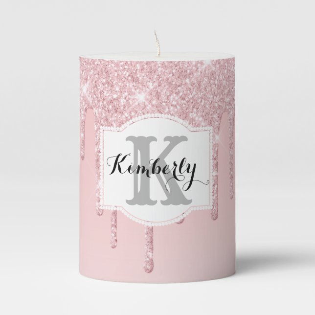 Custom Monogram - Dripping Pink Glitter Pillar Candle (Front)