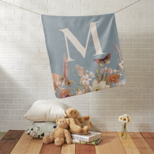 Custom Monogram Dusty Blue Boho Wildflower Baby Blanket