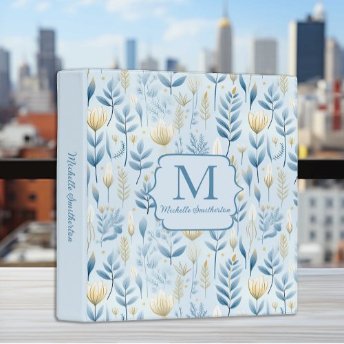 Custom Monogram Dusty Blue White Vintage Floral 3 Ring Binder