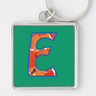 Custom Monogram E Keychain, Orange Floral Pattern Keychain