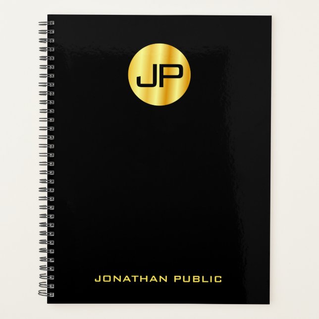 Custom Monogram Elegant Black And Gold Template Planner (Front)